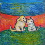 原画 「星降る夜の仲良しさん」 （額付 / ホワイト）A4 スタンド付き　＃猫の絵＃犬の絵＃絵画＃通販＃アート＃仲良しな犬と猫  