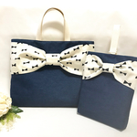 女の子 レッスンバッグ シューズケースセット☆ヴィンテージデニム風×アイボリーリボン(女の子・裏布 キルティング・マチ付き・入園入学セット)