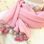 レースの薔薇付きシフォンストール（2辺）　ピンク