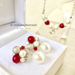 大人気【 クリスマスセット 】上品なパールの豪華なピアス（イヤリング）＆ネックレスセット  〜赤、青、S、Mサイズ〜