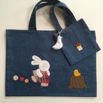 【在庫処分600円(約27%)引き】うさぎと小鳥のアップリケレッスンバッグ☆ちびバッグ付き