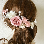 プリザーブドフラワー○くすみ色ピンクアンティークカラー○2つの薔薇とアジサイとかすみ草ヘッドドレス