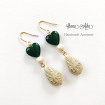 【green】ハート × コットンパール × アンティークドロップビーズ  ピアス／イヤリング