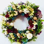 紫陽花＆薔薇など全18種類の花材のハンドメイドリース～28cm