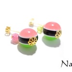 二色飴玉のピアス　桃×黄緑　イヤリング可＊