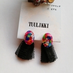 カラフルシェル＆黒チュールリボンピアス/イヤリング