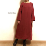 リネン Aライン ロングワンピース (red)