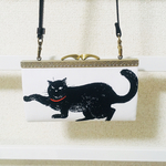 綿麻キャンバス黒猫のショルダー付きがま口長財布*ホワイト*0117