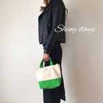 ショルダー付♡帆布のトートバッグ　生成り×緑　グリーン