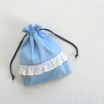 フリルの給食袋　水色 ホワイトドット　ホワイトフリル