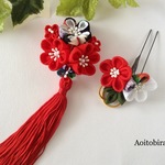 【再販3】紅梅と古典柄の梅 髪飾りセット　タッセル付き　ちりめん細工