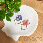 パープルとピンク系シェルの4wayスクエアピアス