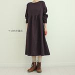 リネン100％ギャザー切り替えワンピース　グレープ
