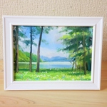 油絵原画『湖のほとり』　額縁付き