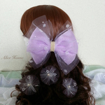 ラプンツェル風＊夢みる紫色のリボンのヘッドドレス（リボンヘアコーム、パープルオーガンジー・白小花模様チュール）パール付きチュール花付き