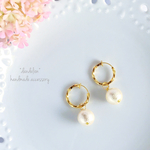 再6* 一粒コットンパールツイストゴールドフープイヤリング