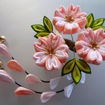 さくら色(無地) 桜のくちばしクリップ髪飾り*２本下がり付き （つまみ細工）