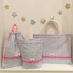 レトロフラワー&水色ストライプ キルティング レッスンバック  3点セット 入園 入学