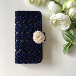 【受注製作】コットンレースを編んだ手帳型スマホケース（ネイビー）