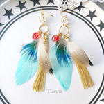 エスニック風フェザーとタッセルのピアス blue