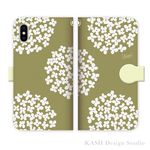 【名入れ可能】全機種対応iPhone・Android手帳型スマホケース北欧風花柄オリーブ