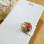 F88）iPhone★春色ドライフラワーとパールのiPhoneケース（オレンジ・イエロー・ピンク）