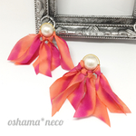 silk ribbonフリンジピアス【ピンク×オレンジ】イヤリング可