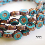 8mm turquoise*bronze flower テーブルカット チェコビーズ 6個