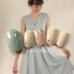 再販♪水色×ベージュの天然石風シェルフラワーネイル♡ブライダル／お呼ばれネイル／上品／シンプル／夏ネイル