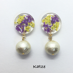 SALE  押し花レジンピアス パープル×イエロー