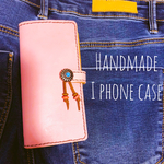 iPhoneケース レザークラフト ピンク  手帳型 ヌメ革 ターコイズ ハンドメイド