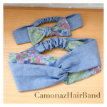 【送料無料】親子ペア♪春の花柄水色ダンガリー ヘアバンド ターバン プレゼント