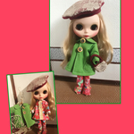 ブライスサイズ ドール服       シャツカラーワンピとパンツとコート(花柄赤系)