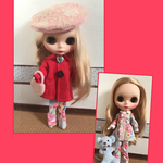 ブライスサイズ ドール服       シャツカラーワンピとパンツとコート(花柄グレー系)