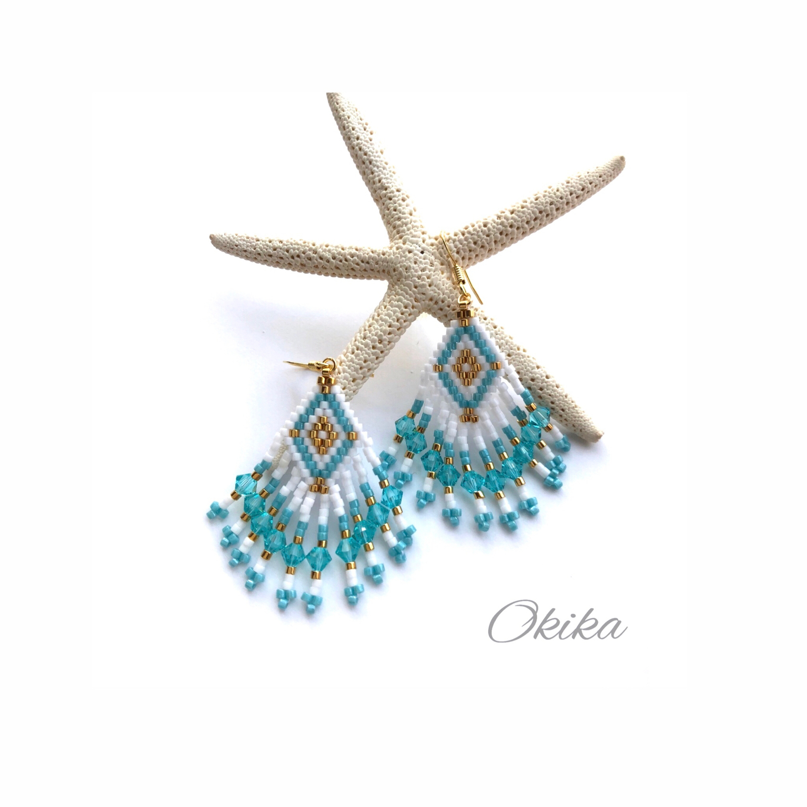 スワロフスキー×ビーズピアス/イヤリング【White× Turquoise】 - Okika