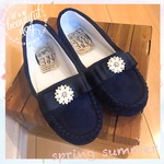 NEW【22.5〜25cm】春夏ビジューリボンモカシンシューズ／ネイビー