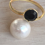 cotton pearl&black stone ring