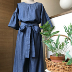 ◎6オンス・やわらかデニム◎お袖ふわりブラウス&広幅パンツ◎ふっくらさんも◎リボン付き◎