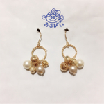 綺麗 デザインサークル×ピンクシャンパンゴールド系パールビーズ  ピアス