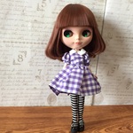 ブライス リカちゃん サイズ ギンガムチェックのふんわりワンピース 紫