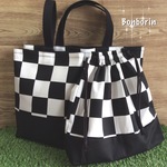 入園入学用品 チェッカーフラッグ柄 レッスンバッグ/シューズバッグ/体操服袋(パジャマ袋)3点セット 白黒/黒