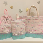ピンクユニコーン&水色ドット キルティング レッスンバック  3点セット 入園 入学