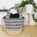【専用出品】sizeM ナチュラル×ブラック格子柄  麻かごバケツ型トート  巾着