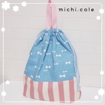 ハンドメイド*体操服入れ(持ち手付き)☆水色*リボン×ピンク*ストライプ/入園入学