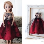 リカちゃん／22cmドールドレス　ドットチュール×ボルドー