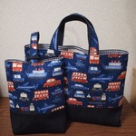 おそろいで♪お道具箱も入る大きめレッスンバッグ＆シューズバッグ（ネームタグ付）乗り物いっぱいネイビー