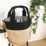 【受注製作】sizeS  natural×Black 麻かごラウンドトート 巾着ギンガムチェック