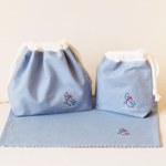 入園３点セット・ペンギン手刺繍（裏付き）【お弁当箱袋・コップ袋・ランチョンマット】