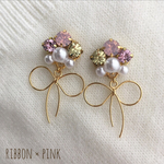 華奢×ribbon  pink opearl × yellow ×pink パステル ピアス/イヤリング
