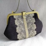 アンティークレース＆パープルリネンがま口バッグリーフ